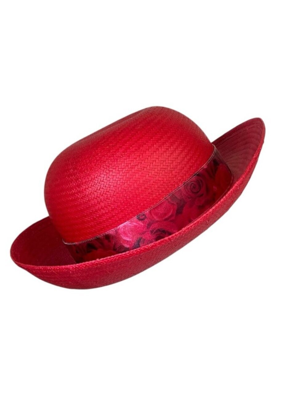 Vintage Red Straw Church Derby Hat Embellished Ribbon Red Bird Adult OS 1980’s - Picture 5 of 15